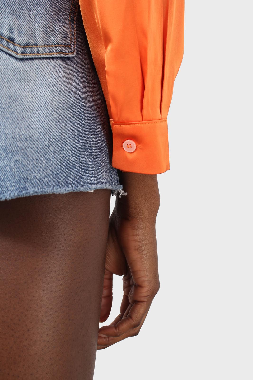 Orange thick silky plunging tie front shirt_9