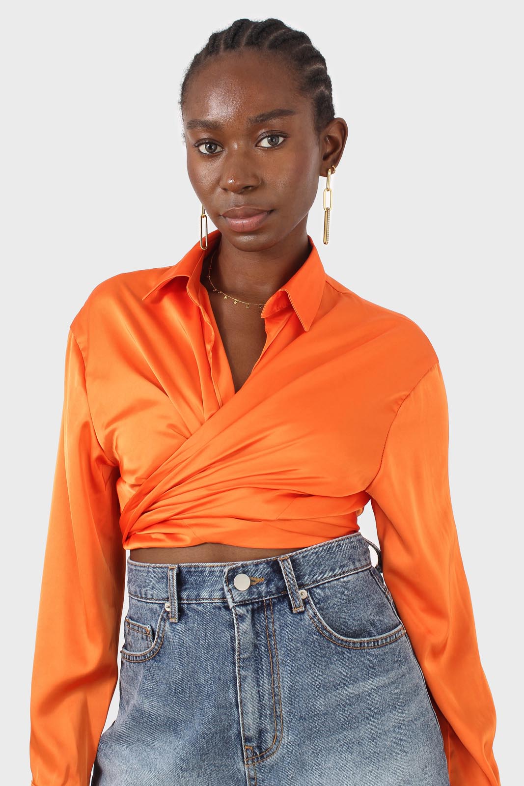 Orange thick silky plunging tie front shirt_6