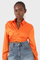 Orange thick silky plunging tie front shirt_6