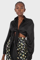 Black thick silky plunging tie front shirt_6