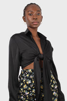 Black thick silky plunging tie front shirt_7
