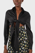 Black thick silky plunging tie front shirt_8