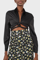 Black thick silky plunging tie front shirt_10