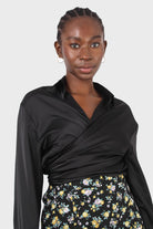 Black thick silky plunging tie front shirt_1