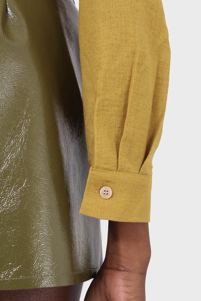 Chartreuse linen plunging tie front shirt_5
