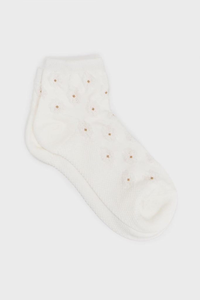 White floral tuft ankle socks_1