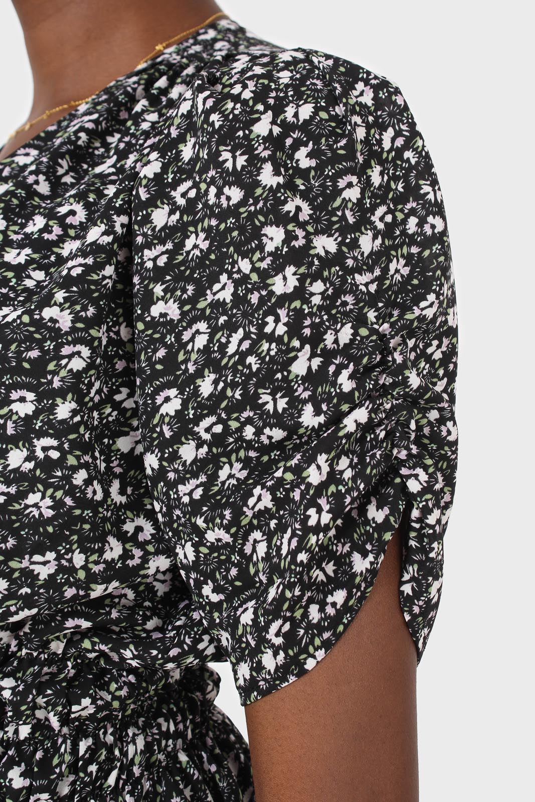 Black floral ruched waist mini dress_5