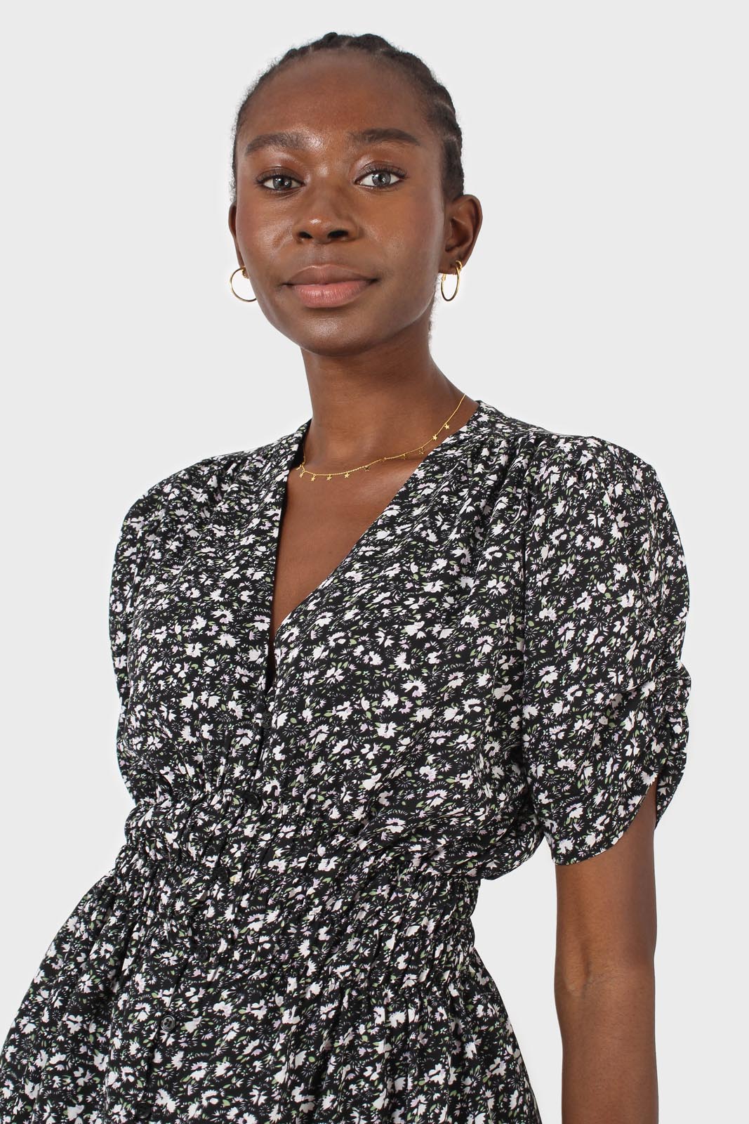 Black floral ruched waist mini dress_10