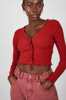 Rust orange ruffle trim button up top_3