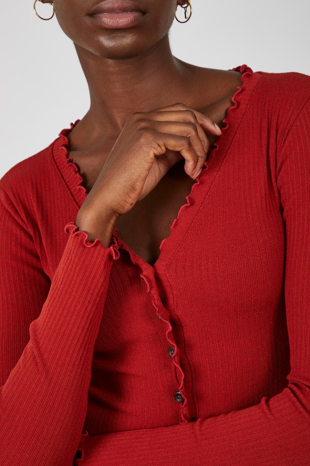 Rust orange ruffle trim button up top_2