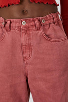 Washed red adjustable side button jeans_3