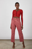 Washed red adjustable side button jeans_2