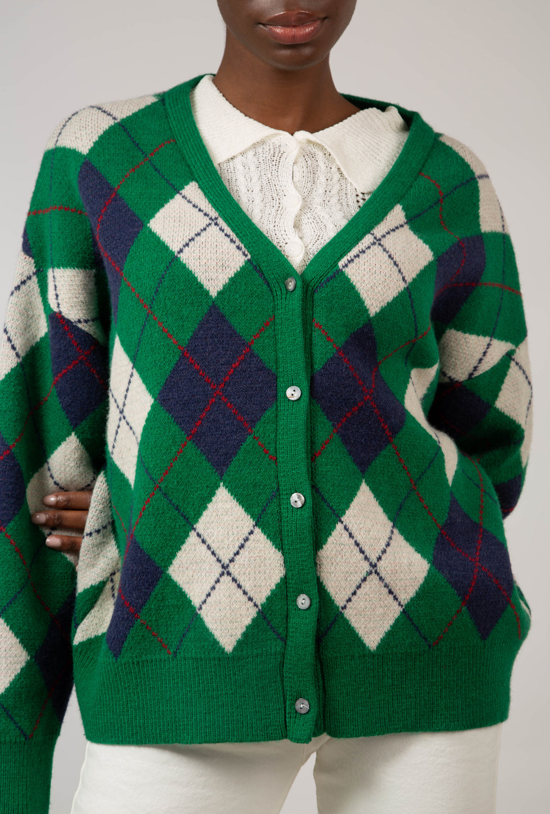 Green and navy argyle intarsia cardigan | Glassworks London