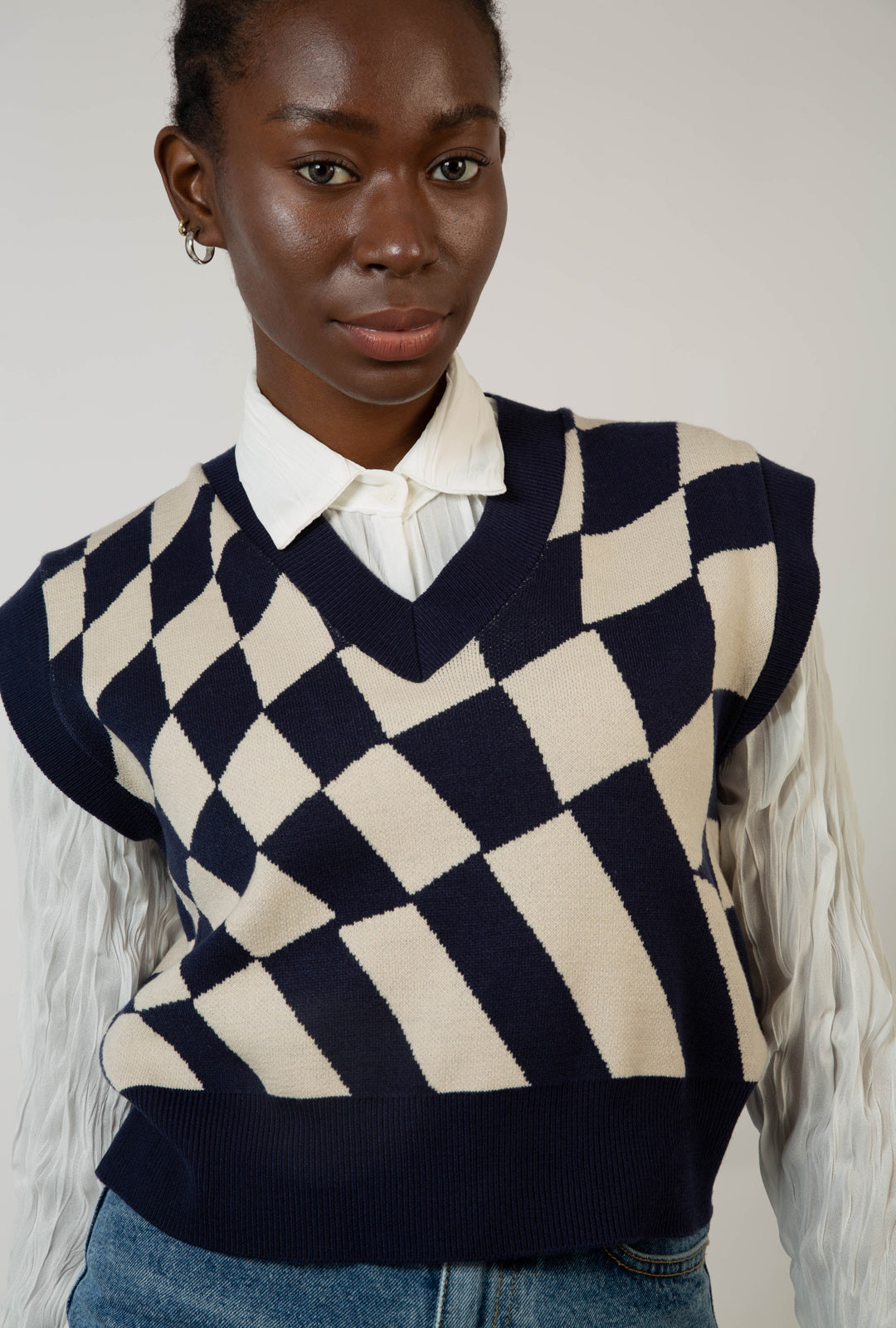 Navy and ivory psychedelic intarsia sweater vest_1