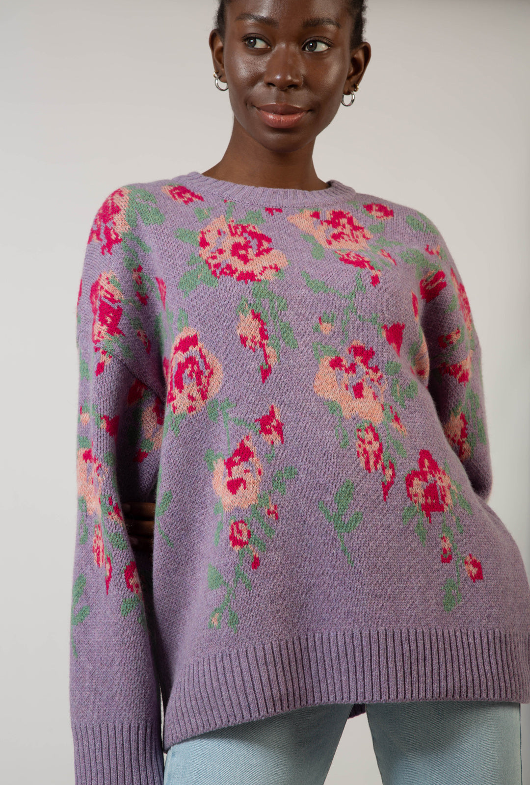 Purple floral intarsia wool blend jumper_5