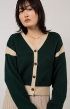 Deep green and beige contrast trim cardigan_1