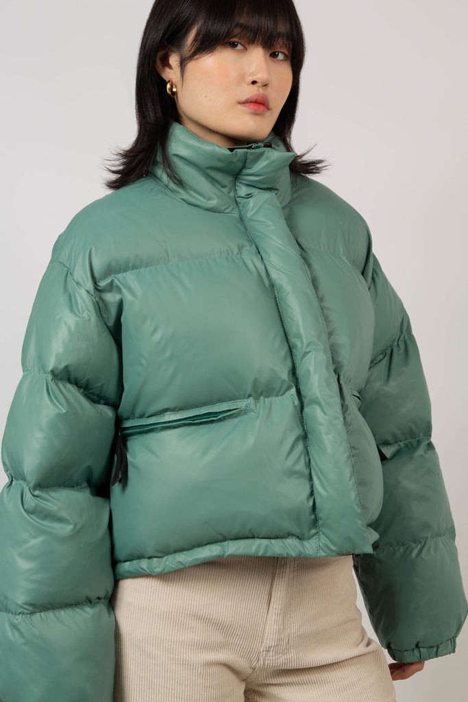 Deep green glossy puffer coat_1