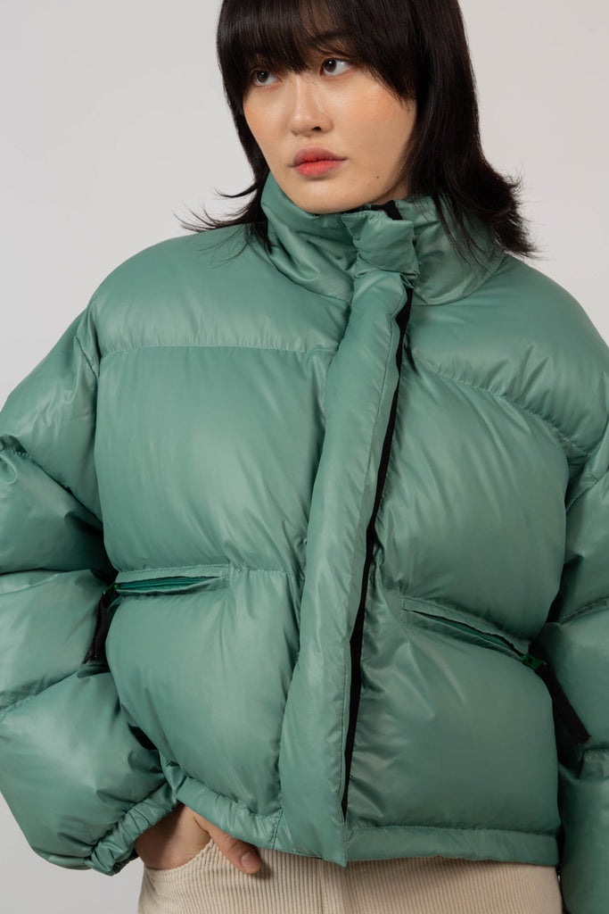 Deep green glossy puffer coat_9