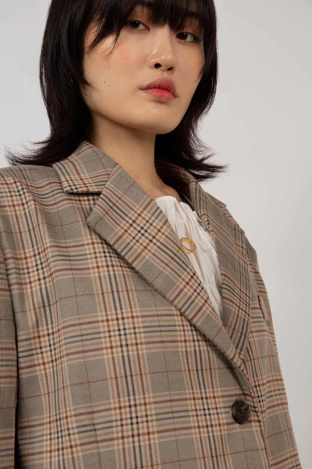Brown bold check single breasted blazer_7
