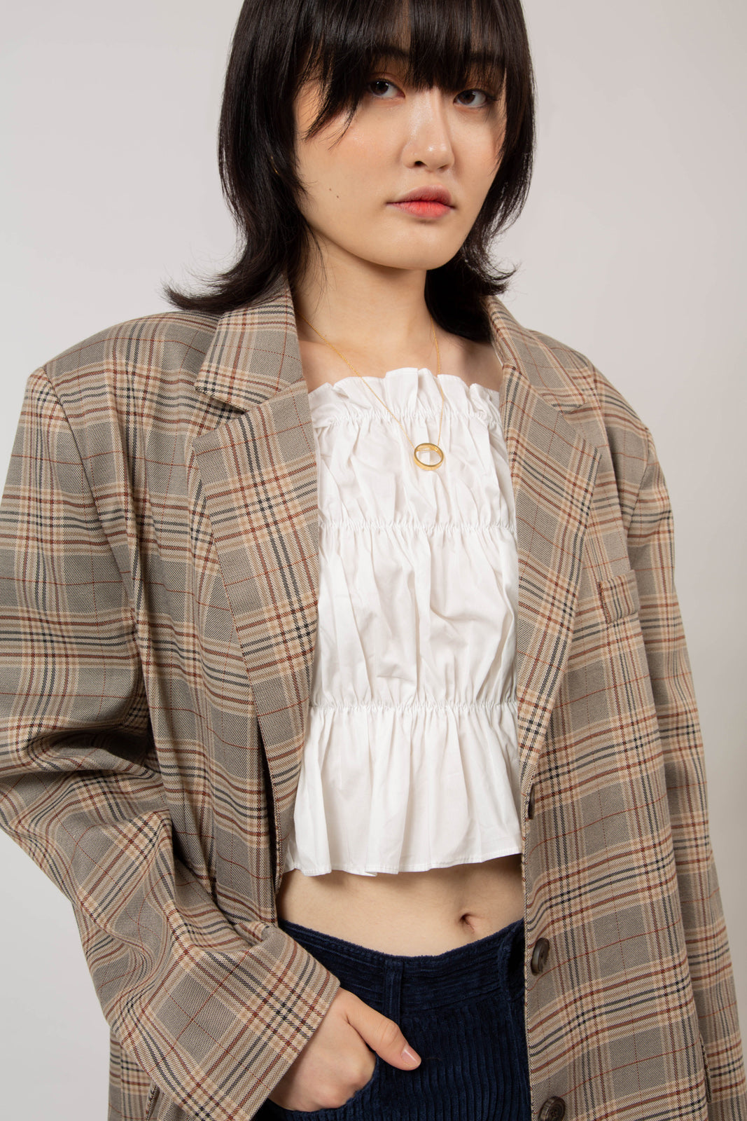 Brown bold check single breasted blazer_9