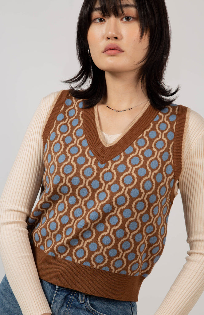 Brown and blue geometric circles knit vest_1