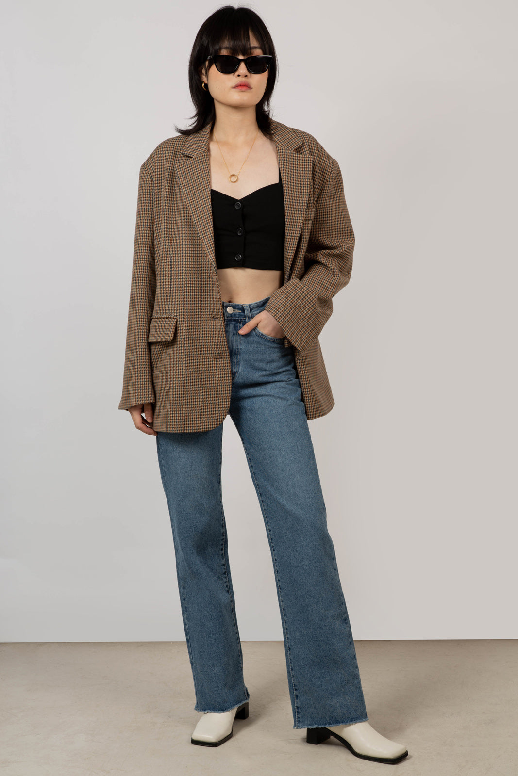 Brown and blue houndstooth single breasted blazer_1