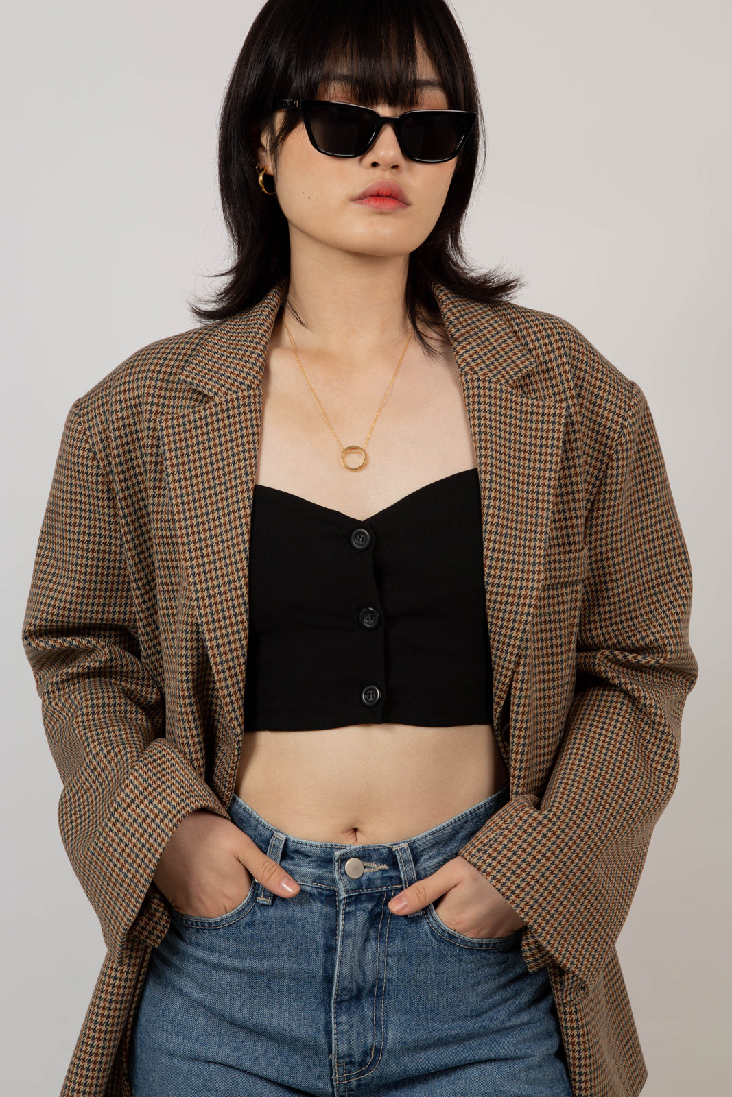 Brown and blue houndstooth single breasted blazer_3