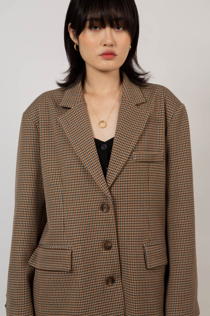 Brown and blue houndstooth single breasted blazer_6