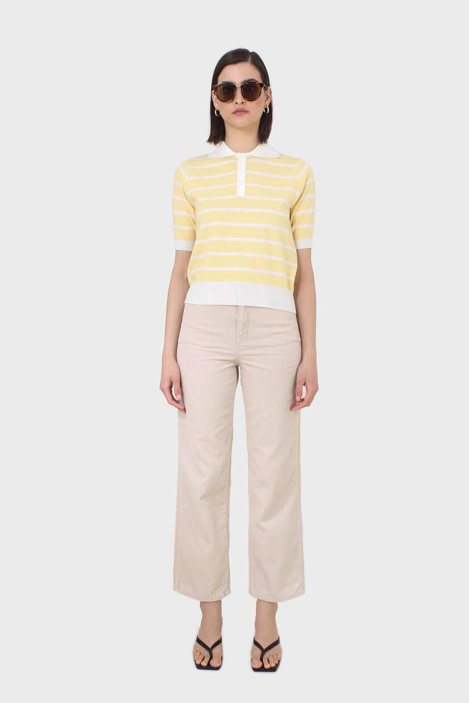 Yellow striped polo knit top_3