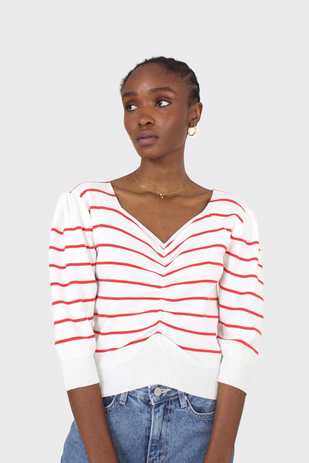Ivory and red striped ruched front top_1
