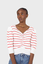 Ivory and red striped ruched front top_1