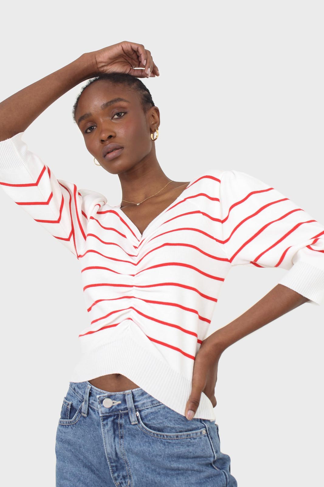 Ivory and red striped ruched front top_10