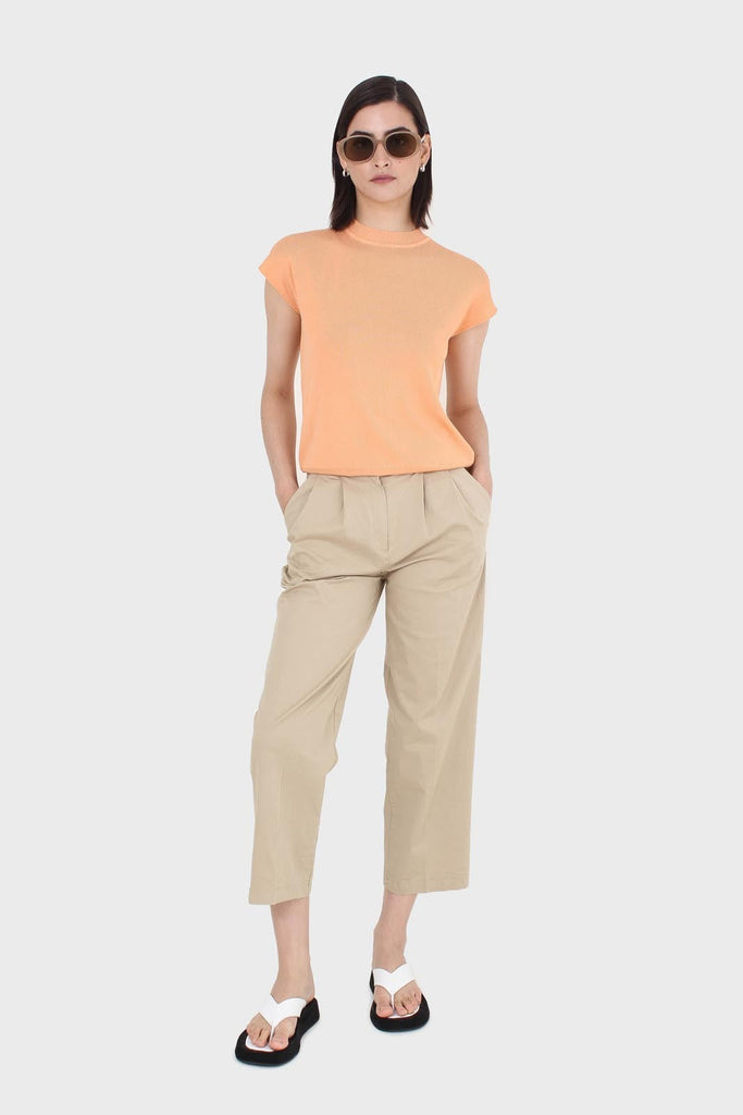 Dark beige pleat front adjustable waistband trousers_4