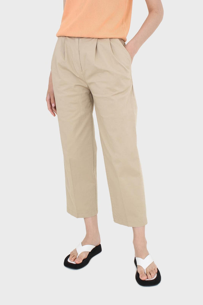 Dark beige pleat front adjustable waistband trousers_1