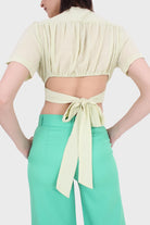 Light green deep V tie back cropped blouse_2