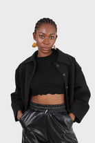 Black shirring crew neck tee_7