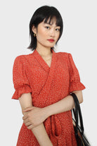 Orange and ivory floral puffed sleeve wrap mini dress_3