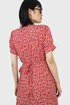 Red and white tiny floral wrap ruffle midi dress_3