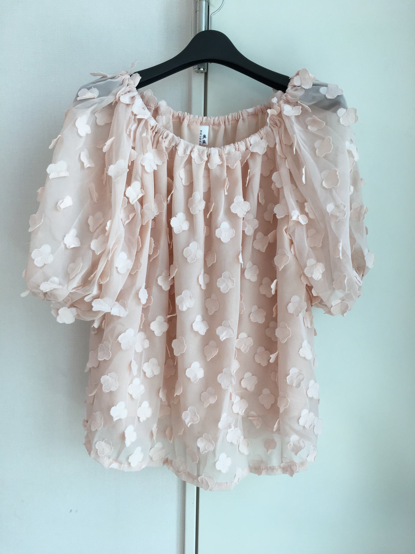 Pale pink floating clover off shoulder blouse_1
