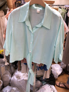 Pale mint tie front cropped short sleeved shirt_1