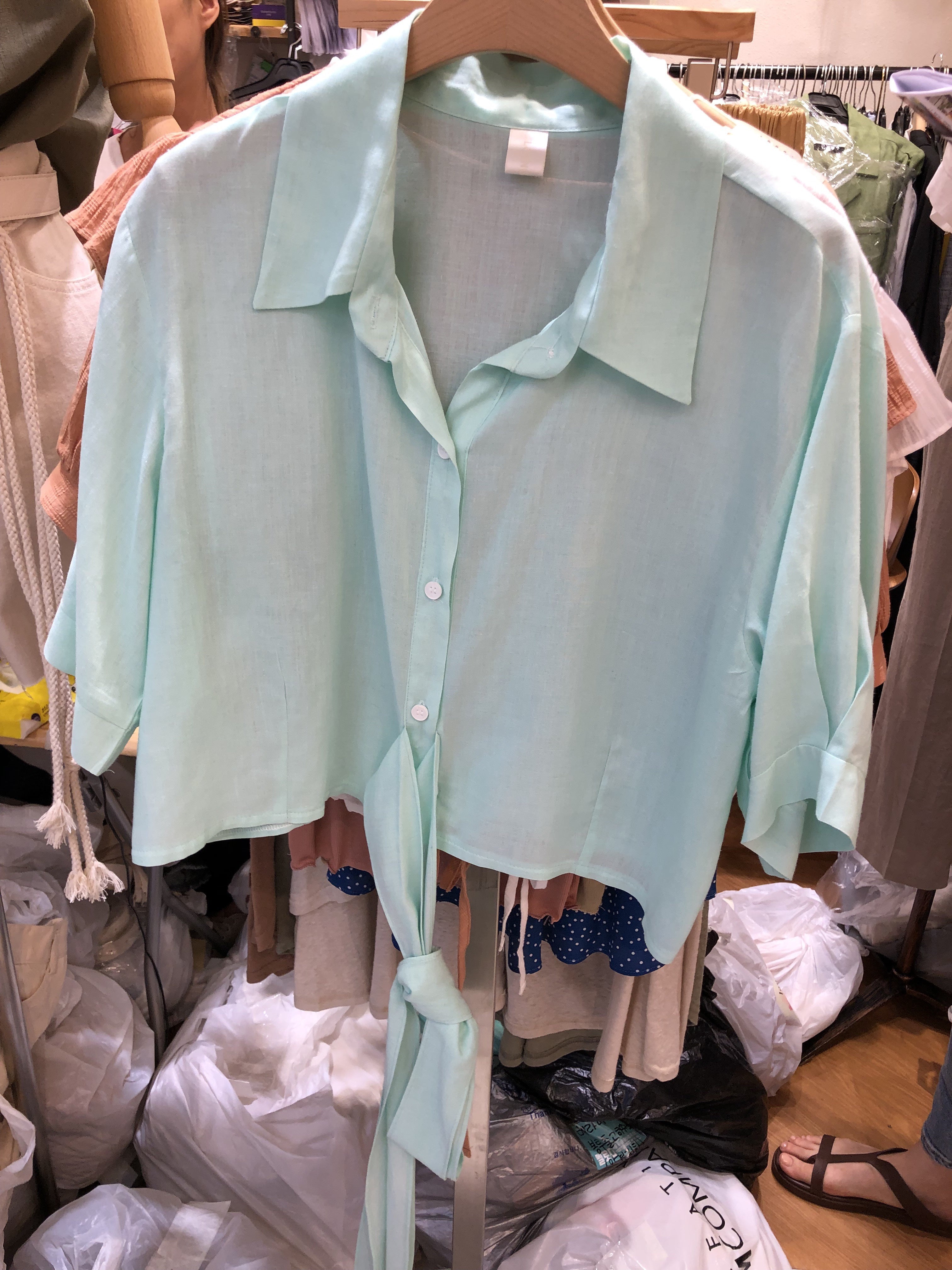 Pale mint tie front cropped short sleeved shirt_1