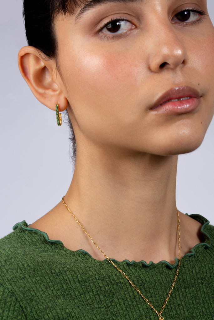 Gold and green diamante long hoop earrings_5