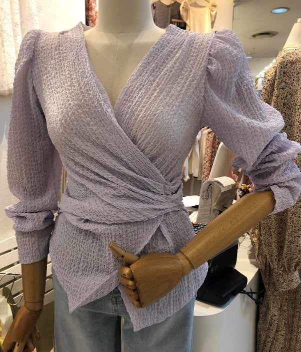 Lilac semi sheer wrap puff long sleeved blouse_1