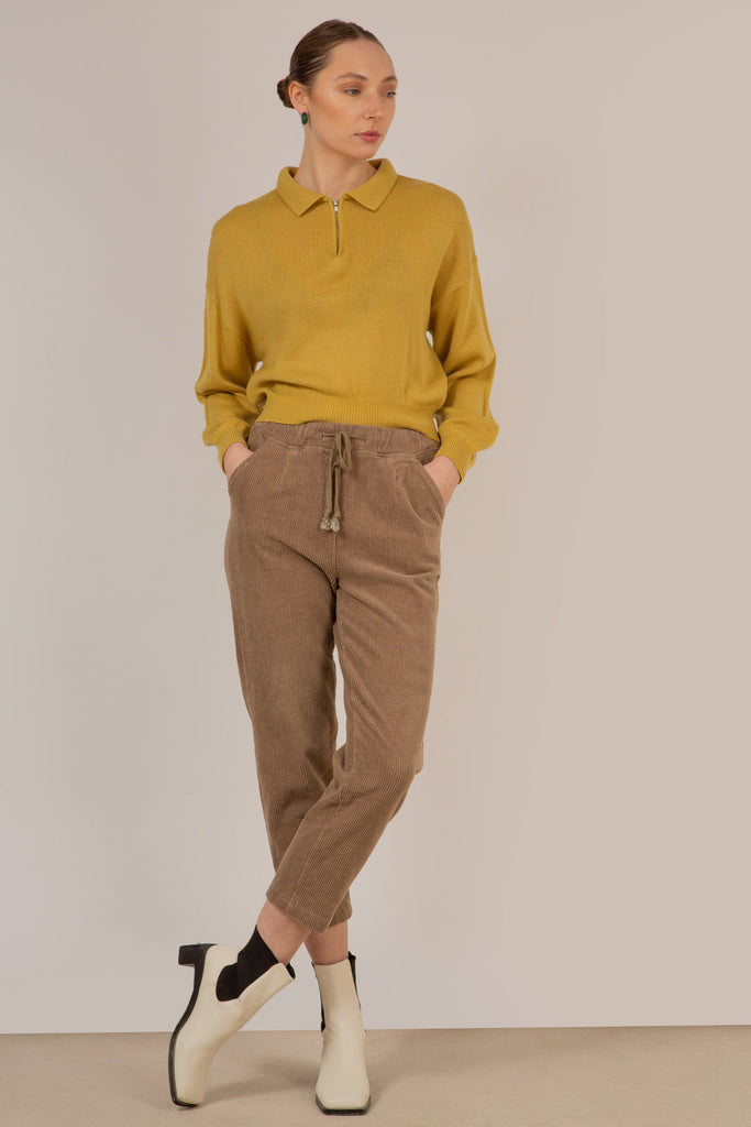 Beige corduroy loose fit drawstring trousers_3