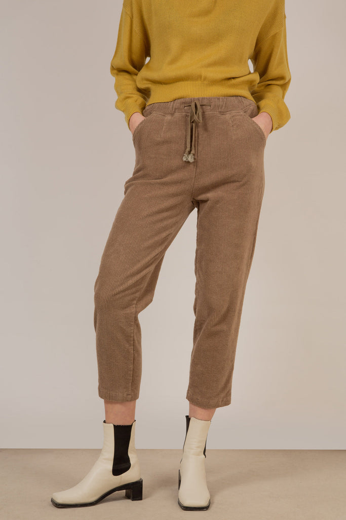 Beige corduroy loose fit drawstring trousers_1