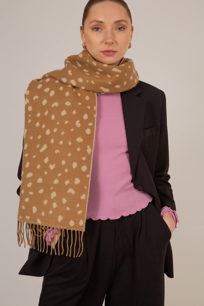 Camel and white leopard intarsia scarf