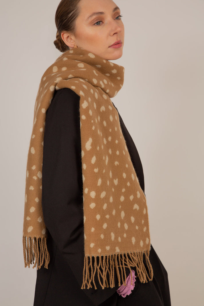 Camel and white leopard intarsia scarf