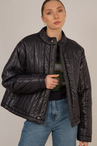 Navy glossy slim quilt puffer coat_1