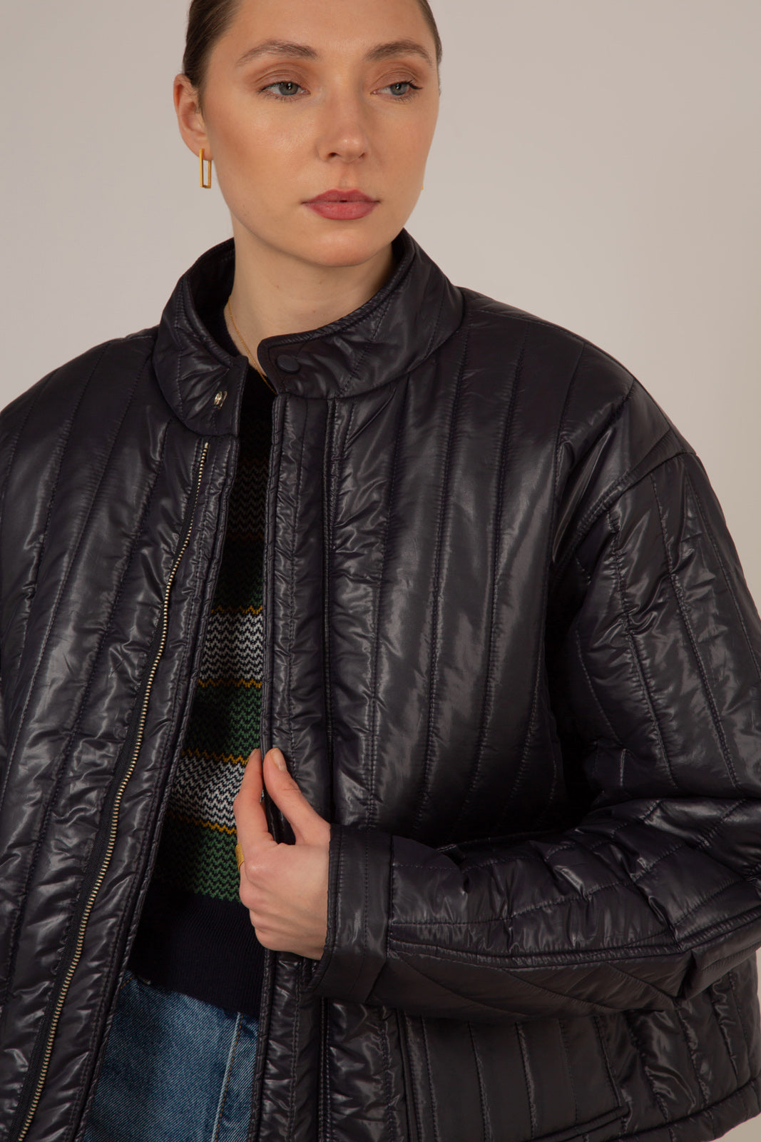 Navy glossy slim quilt puffer coat_4