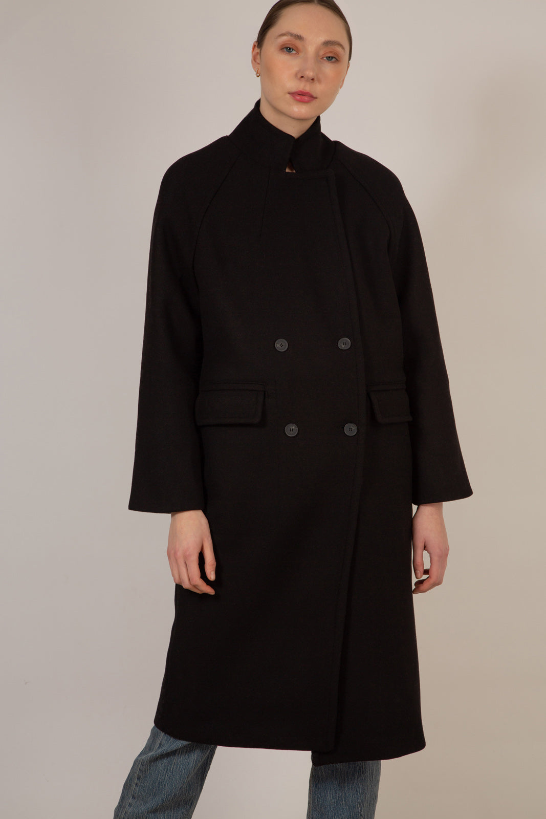 Black wool blend cocoon tailored coat_2